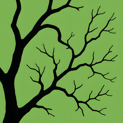 Silhouette of bare tree branches against a solid green background, forming an eye-catching natural design.

