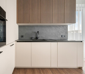 Modern luxury kitchen interior in minimal scandinavian style, 3d render