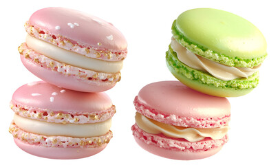 Set of elegant arrangement of pastel pink and green macarons in a stack ideal for gourmet food concepts dessert menu designs and patisserie visuals, isolated on transparent background

