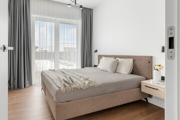 Modern luxury bedroom interior in minimal scandinavian style, 3d render