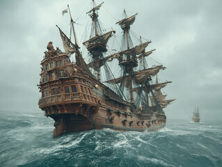large, ornate ship sailing through choppy waters under a cloudy sky. The ship has multiple sails and intricate details, suggesting it is from a historical or fantasy setting.