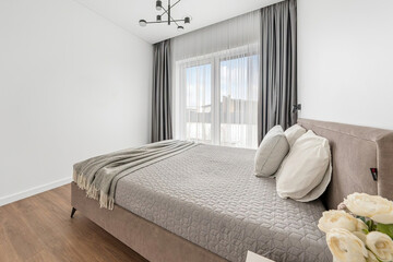 Modern luxury bedroom interior in minimal scandinavian style, 3d render