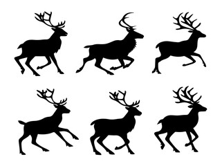 Silhouette of Running Reindeer Set on White Background for Christmas Designs