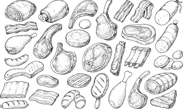 A detailed black-and-white sketch of various raw meat cuts, including beef, pork, sausages, bacon, and ribs, illustrated in a hand-drawn style, ideal for culinary designs, butcher shops