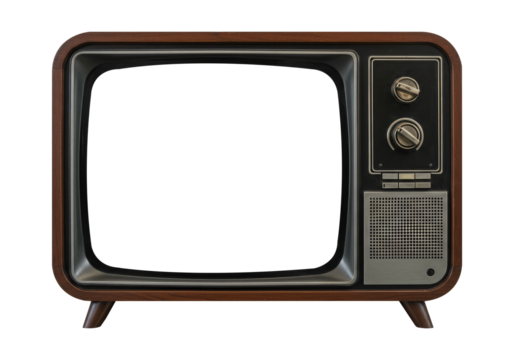 Front View of a Classic 1970s Television with Copy Space. Cut Out, Clipping Path on Transparent Background.