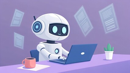 Cute robot creating a digital newsletter with holographic headlines, on a solid pastel purple background.