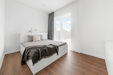 Modern luxury bedroom interior in minimal scandinavian style, 3d render