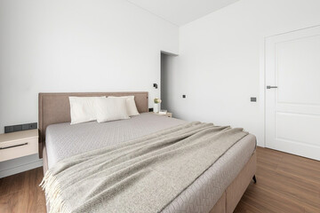 Modern luxury bedroom interior in minimal scandinavian style, 3d render