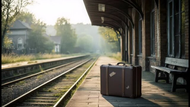 A train platform with one old suitcase resting alone on a bench.