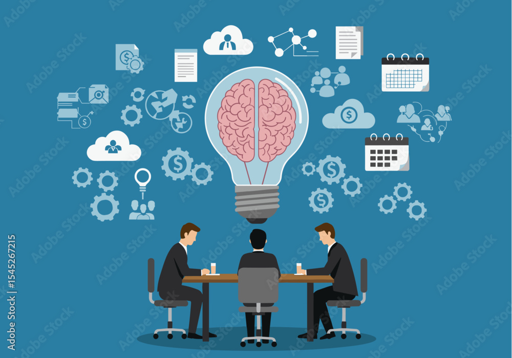Poster flat vector of a business meeting with people sitting around a table under a light bulb with a brain