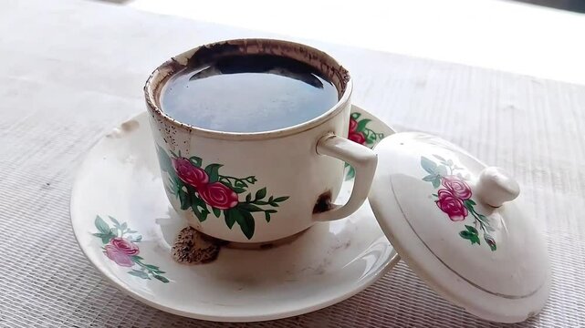 A traditional floral cup filled with black coffee, placed on a matching saucer with a lid beside it on a white tablecloth 002