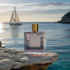 A perfume bottle with a blank label sits on a rock overlooking a calm sea with a sailboat in the distance, bathed in the golden light of sunset. The scene evokes feelings of serenity and luxury.