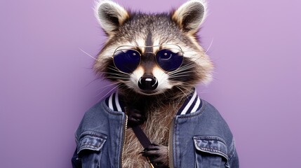 A raccoon wearing a denim jacket and sunglasses is standing on a purple background. The raccoon is looking at the camera with a curious expression.