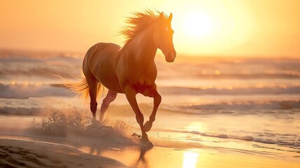 Image description: A wild horse runs free on the beach, its mane and tail flowing in the wind.