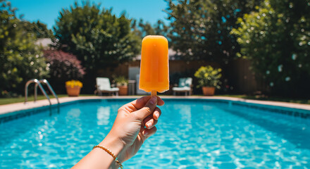hand holding orange ice cream on pool