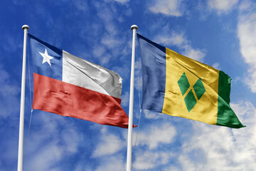 The Flags of Chile and Saint Vincent and the Grenadines Waving Together, Symbolizing Diplomatic Ties Between Distinct Nations.