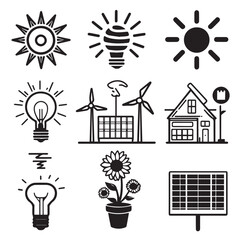 Renewable energy icons set black and white illustrations