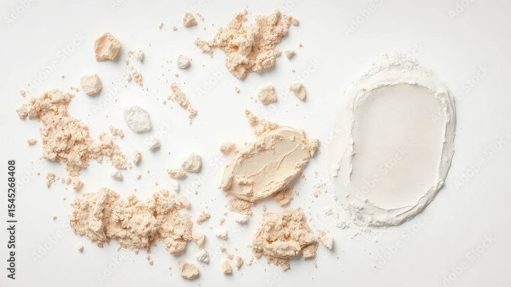 Poster minimalist overhead shot of various light brown and white powders in different states of aggregation