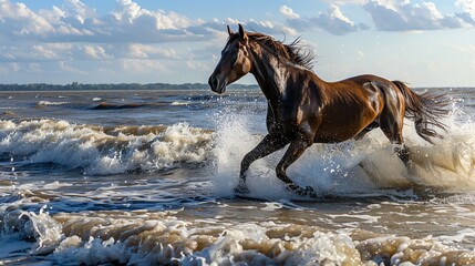 Wild horse running free on the beach.