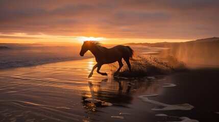 Wild horse running free on the beach at sunset with the sun creating a beautiful golden reflection on the wet sand and water.