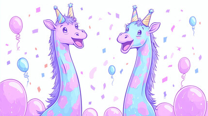 Cartoon giraffes with party hats and balloons 