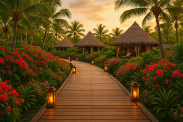 Fototapeta premium Wooden walkway leading to resort with thatched huts and flowers.