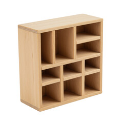 A clean, new miniature desktop bookshelf crafted from natural light wood, featuring a modern minimalist design with open compartments, isolated on a transparent studio background with no shadows,
