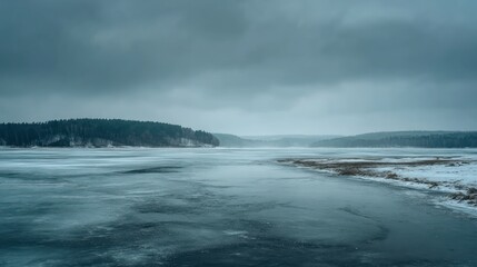 Fototapeta premium Frozen river landscape winter scene