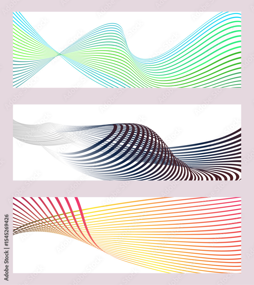 Poster wavy lines or ribbons. set of 3 backgrounds. multicolored striped gradient. creative unusual backgro