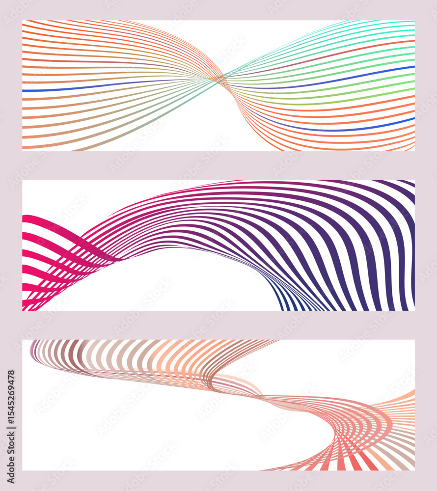 Poster wavy lines or ribbons. set of 3 backgrounds. multicolored striped gradient. creative unusual backgro