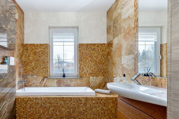 Modern bathroom interior in minimal scandinavian style, 3d render