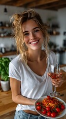 Woman enjoys pasta, wine, kitchen