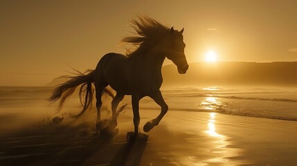Wild horse running free on the beach at sunset. The horse is silhouetted against the bright sky. The image is full of energy and freedom.