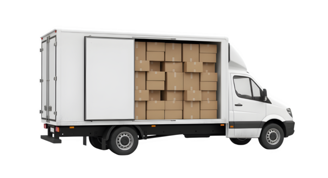 White delivery van with cardboard boxes for shipping and moving services transportation and logistics company on transparent background