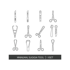 Minimalist Surgical Tools Icon Set 12 Line Art Illustrations of Scalpels Scissors and Forceps