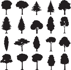 Set of black silhouetted trees including conifers and deciduous trees against a white background nature elements