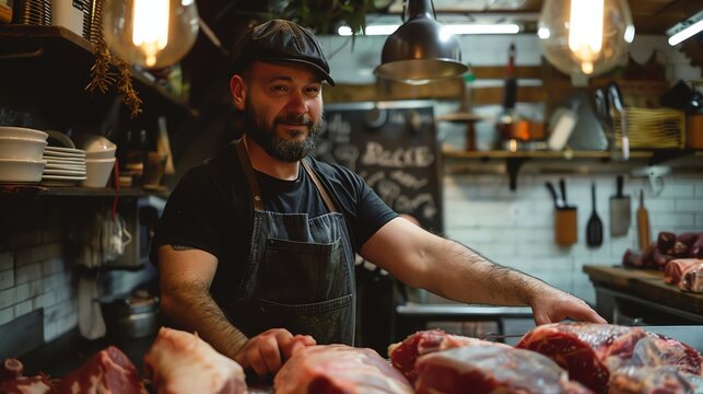 A butcher wearing a black apron and cap stands behind a counter in a butcher shop. He is surrounded by sides of beef and pork.