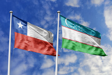 The Flags of Chile and Uzbekistan Waving Together, Symbolizing International Relations Across Diverse Regions.