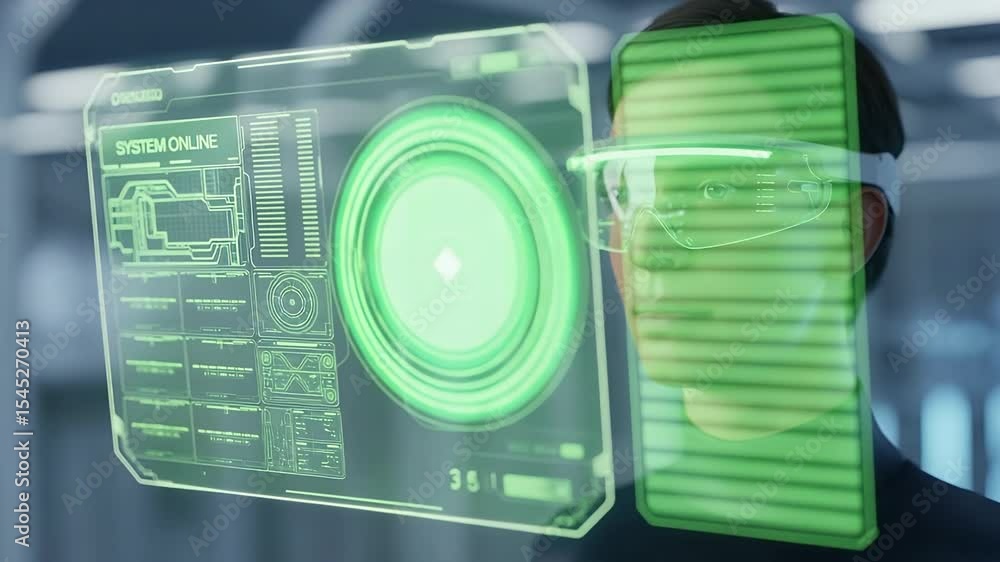 Poster digital interface and technology: a focused individual interacts with a futuristic holographic displ