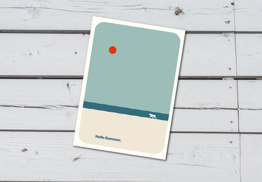 Summer Post Card Abstract Minimal Illustration Template with Dog on a Beach