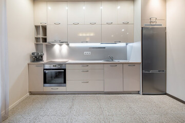 Modern luxury kitchen interior in minimal scandinavian style, 3d render