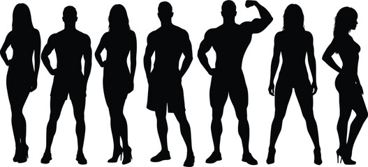 Silhouettes of diverse men and women, fitness bodies, fashion poses, lifestyle expression, standing and flexing, high contrast vector art, inclusive illustration, modern aesthetic