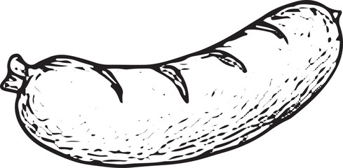 A hand-drawn black-and-white sketch of a raw sausage link, with textured casing and meat, ideal for deli displays, meat processing art, or sausage recipe illustrations