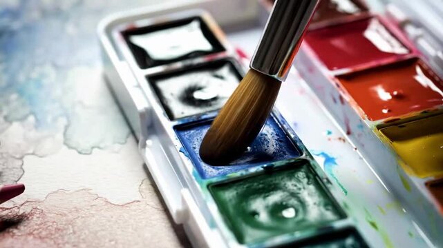 Watercolor paints and brushes, 4K video