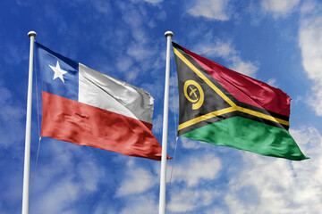 The Flags of Chile and Vanuatu Waving Together, Symbolizing Diplomatic Ties Between Distinct...