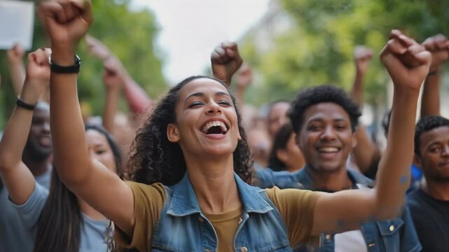 Diverse group of people celebrating with raised fists and joyful expressions. Happy crowd cheering outdoors with woman in focus smiling broadly. Victory celebration or protest success
