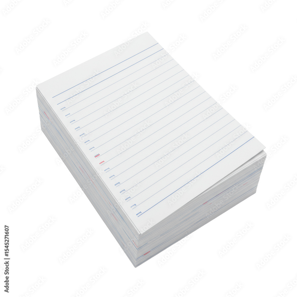 Poster stack of transparent 3x5 ruled index cards with blue horizontal and red vertical lines, sharp edges,