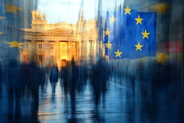 People walk past the EU flag reflected in a building displaying a city view