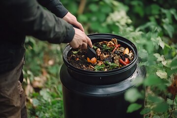 Person mixes kitchen food scraps in a compost bin outside in a garden setting
