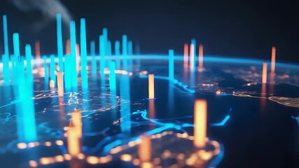 Global Earth Map with Blue and Orange Data Columns Rising from Continents in Futuristic 3D Visualization of Analytics at Night
- Powered by Adobe